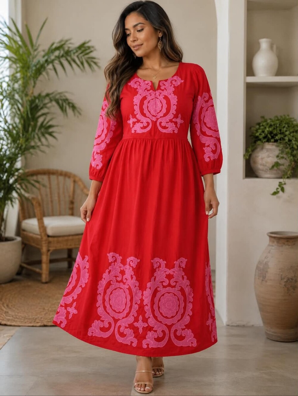 Boden Red Dress with Pink Embroidered Detail